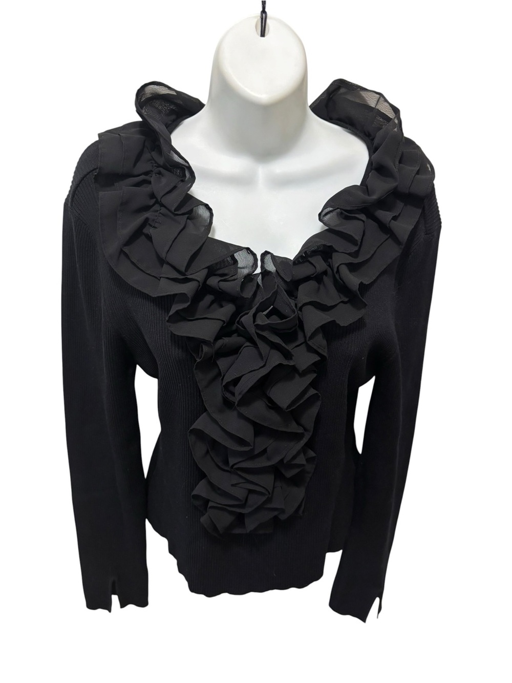 Milano Silk Blend LS Ribbed Sweater Sz L Tiered Ruffled Collar Luxe Quiet Luxury